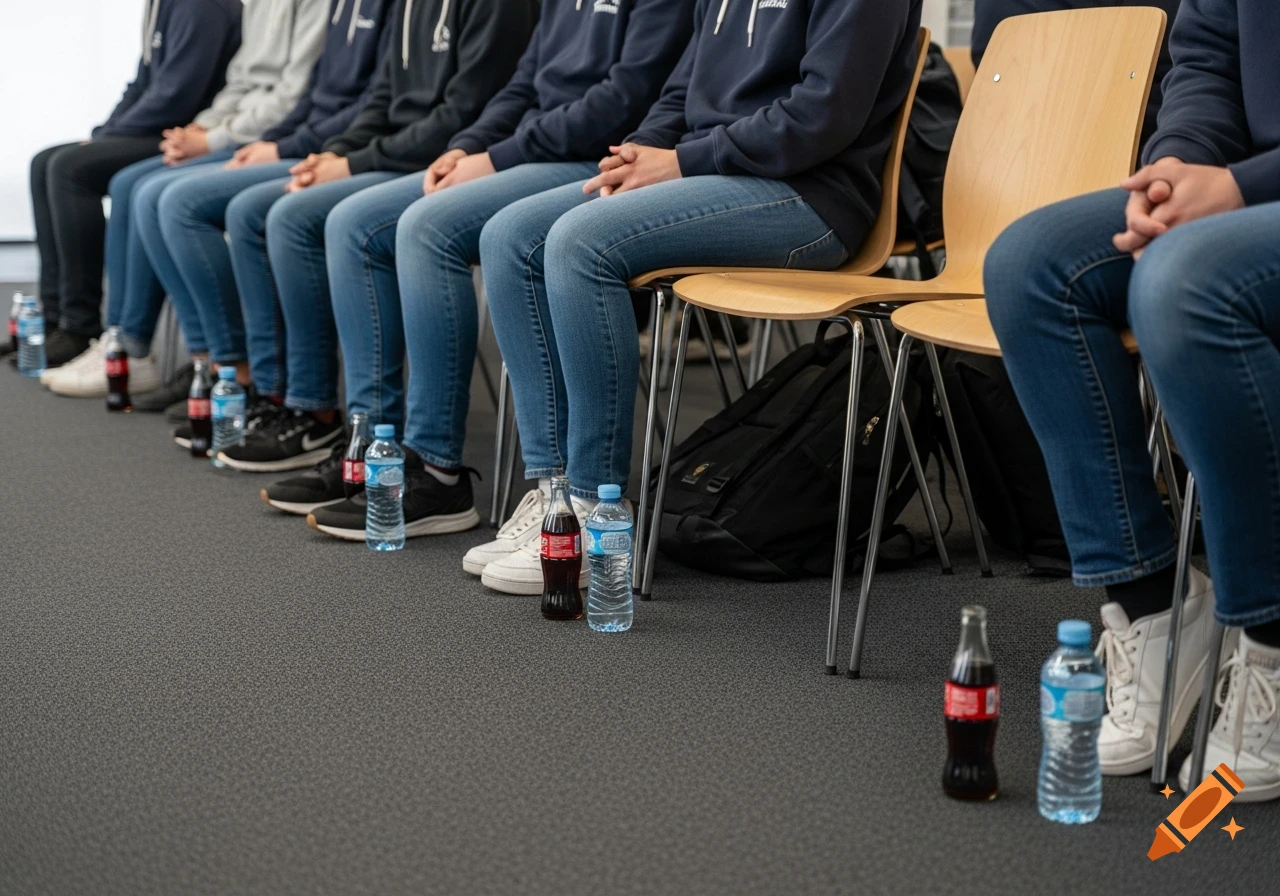 A line of people sitting on chairs, wearing jeans, hoodies, and sneakers. Water and soda bottles are on the gray carpeted floor.