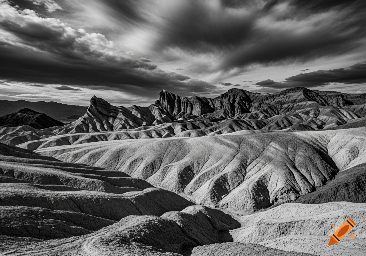 Dramatic black and white photograph of rolling desert hills and jagged mountains under a stormy sky.