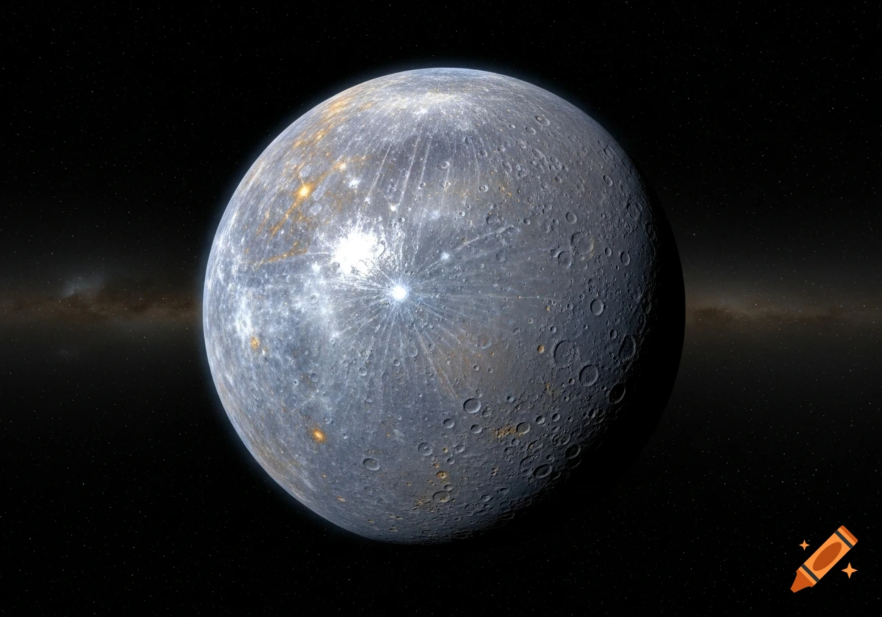 A grey, cratered planet with bright features glowing on its surface, against a dark starry space background.