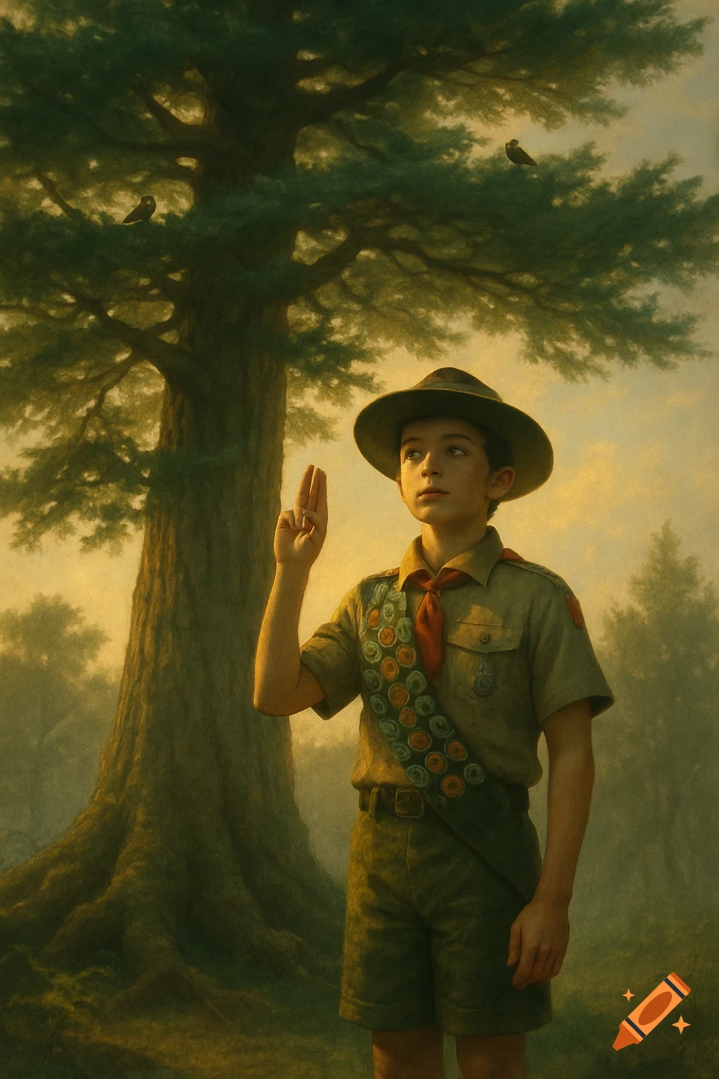 A young scout in uniform makes a pledge gesture under a large tree, in a painterly style.