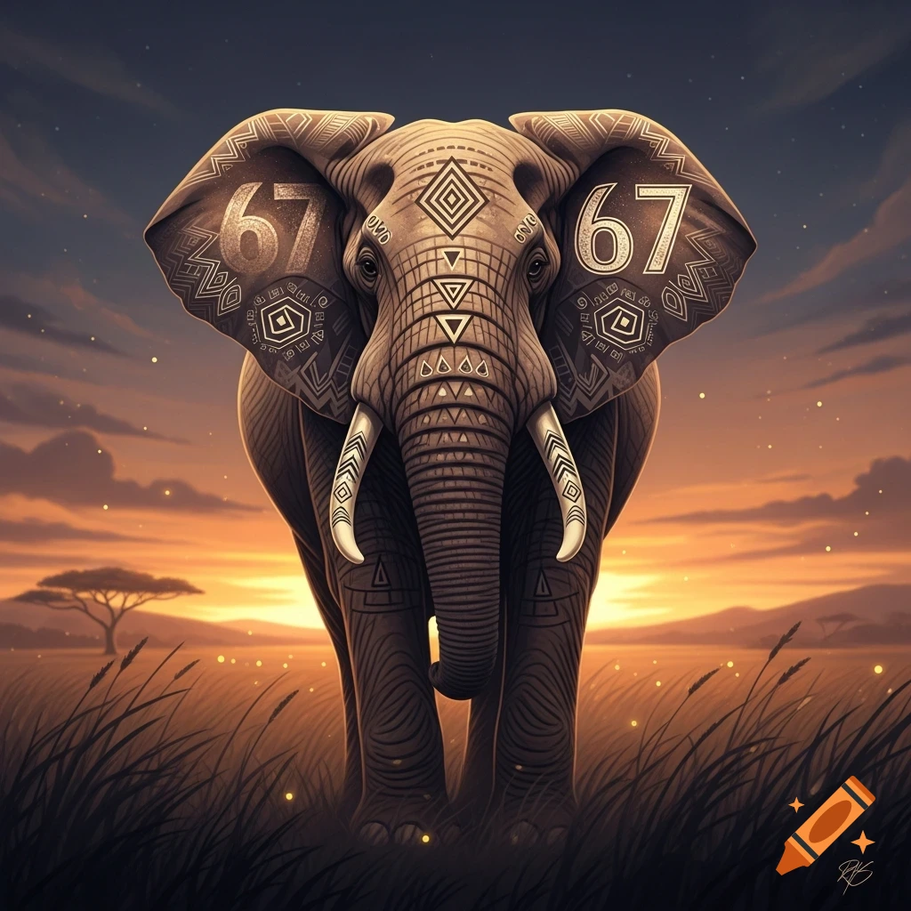 An intricately detailed elephant with tribal patterns and the numbers '67' on its ears, standing in a savanna at sunset.