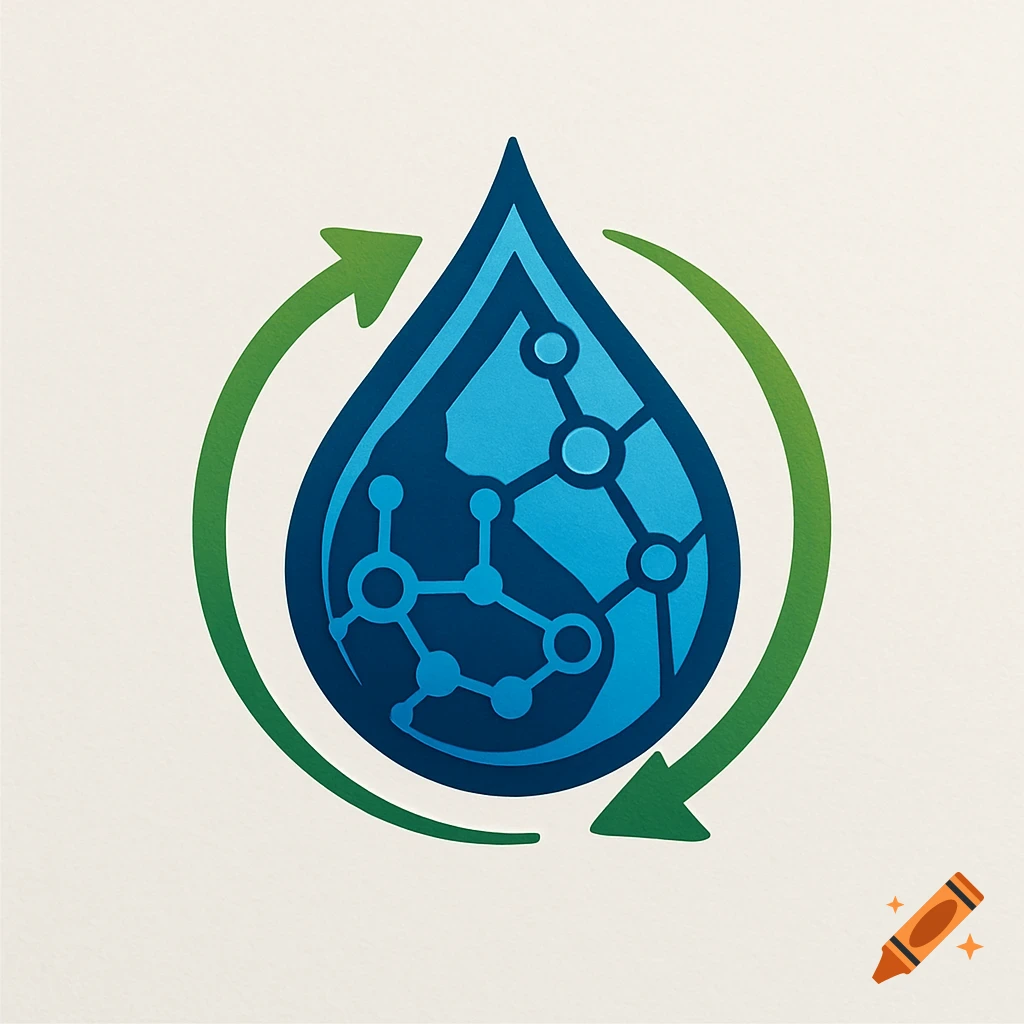 A graphic logo featuring a blue water droplet containing abstract chemical structures, encircled by green arrows on a light background.