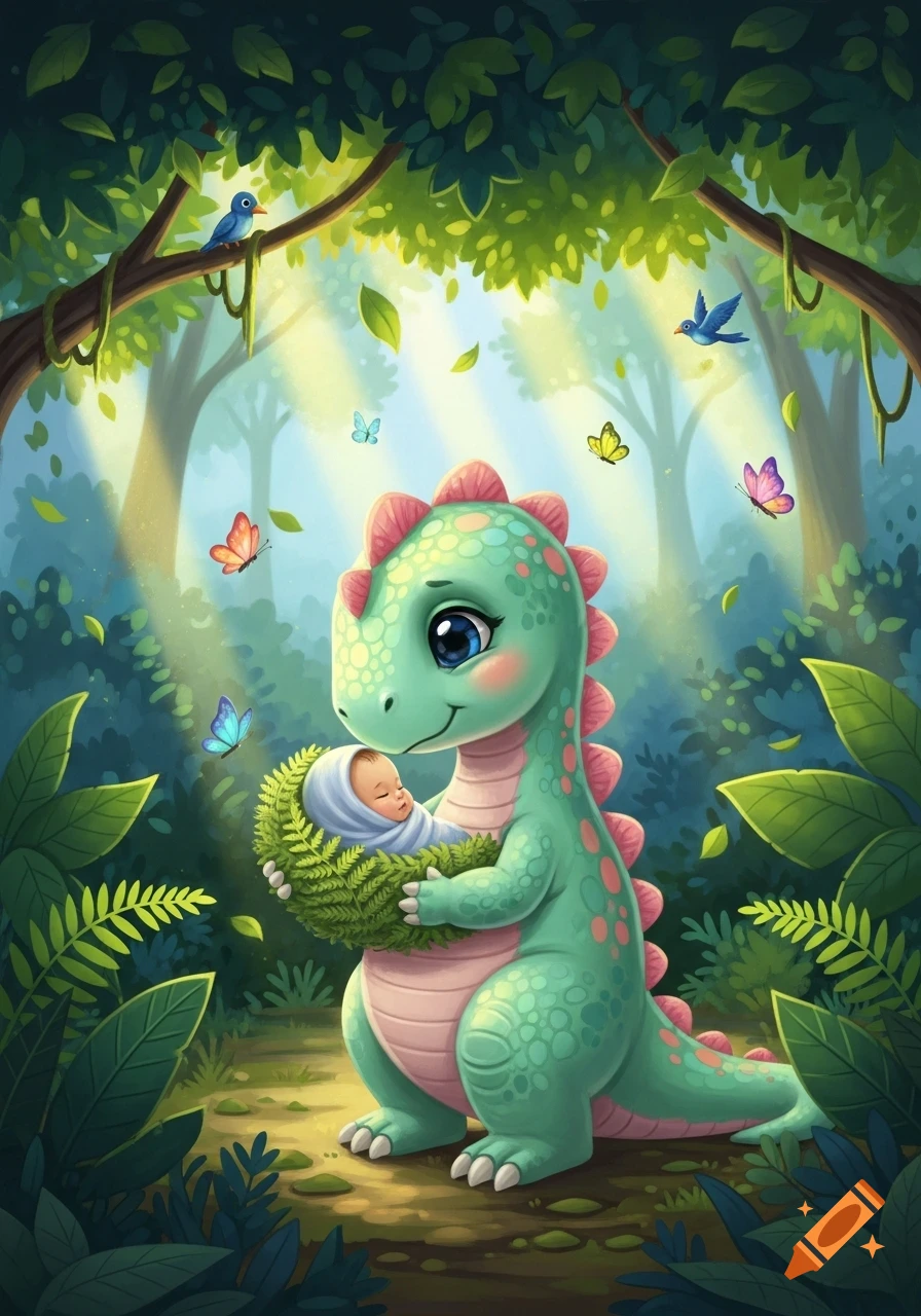 A cute green cartoon dinosaur gently holds a swaddled baby in a lush, sunlit forest with butterflies and birds.