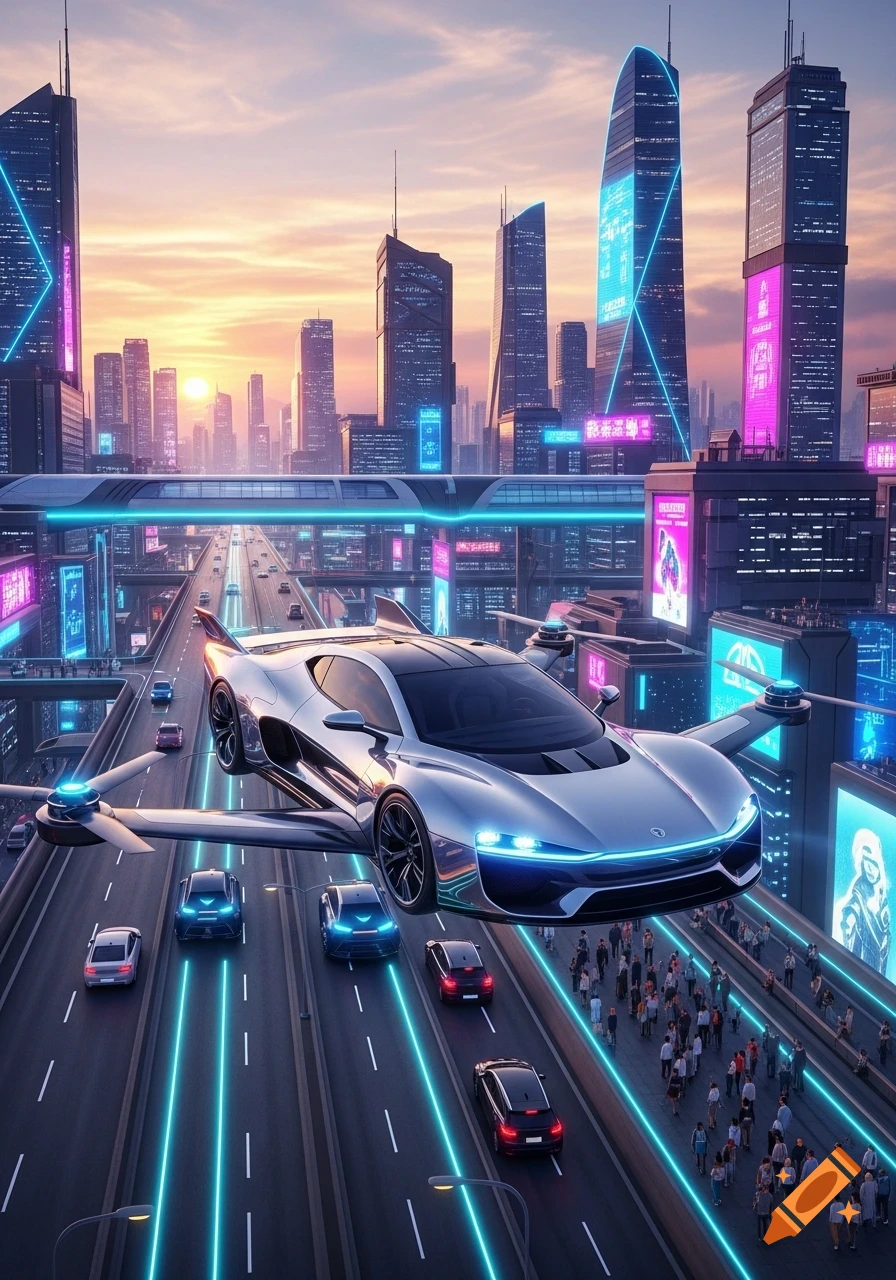 A silver flying car hovers above a neon-lit highway in a futuristic city at sunset with towering skyscrapers.