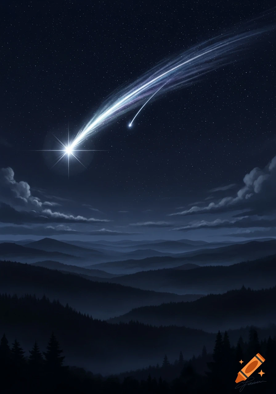 A brilliant shooting star with a long, bright tail streaks across a dark, star-filled night sky above layered mountain ranges.