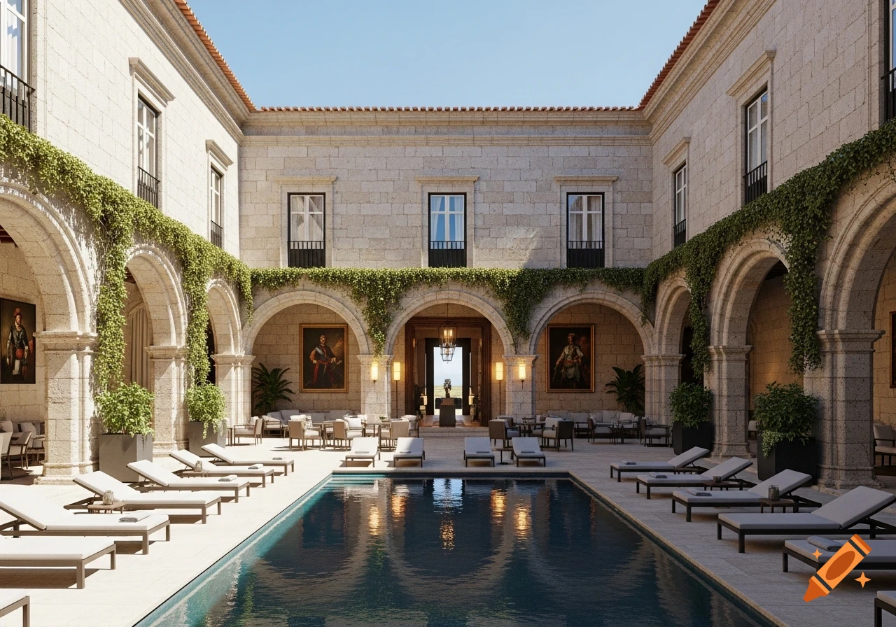 A luxurious hotel courtyard with a long swimming pool, lounge chairs, stone arches draped in ivy, and classic paintings under a clear sky.