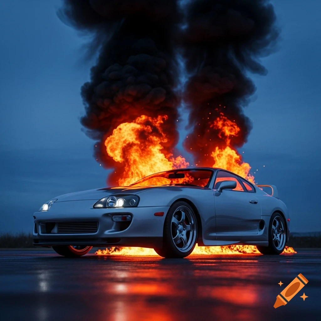 A realistic silver Toyota Supra car burning with large flames and black smoke against a dark blue sky.
