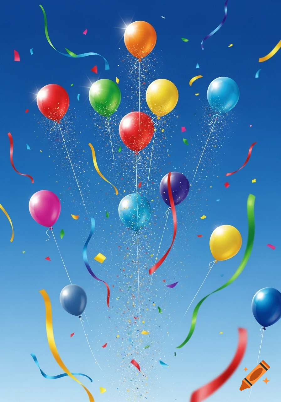 Colorful balloons, confetti, and streamers float in a bright blue sky, suggesting a festive celebration.