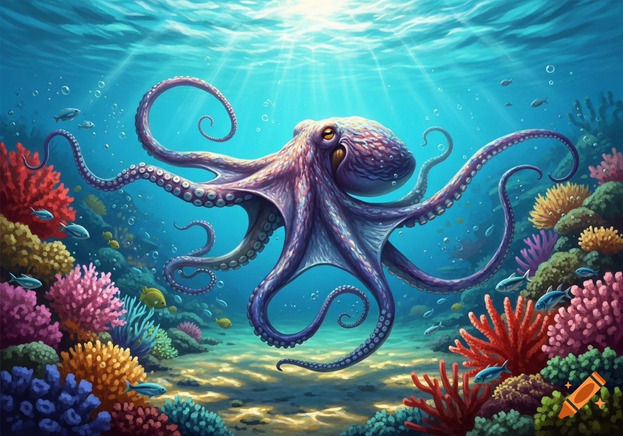 A vibrant purple octopus swims above a colorful coral reef, with sunlight streaming through the clear blue ocean water.