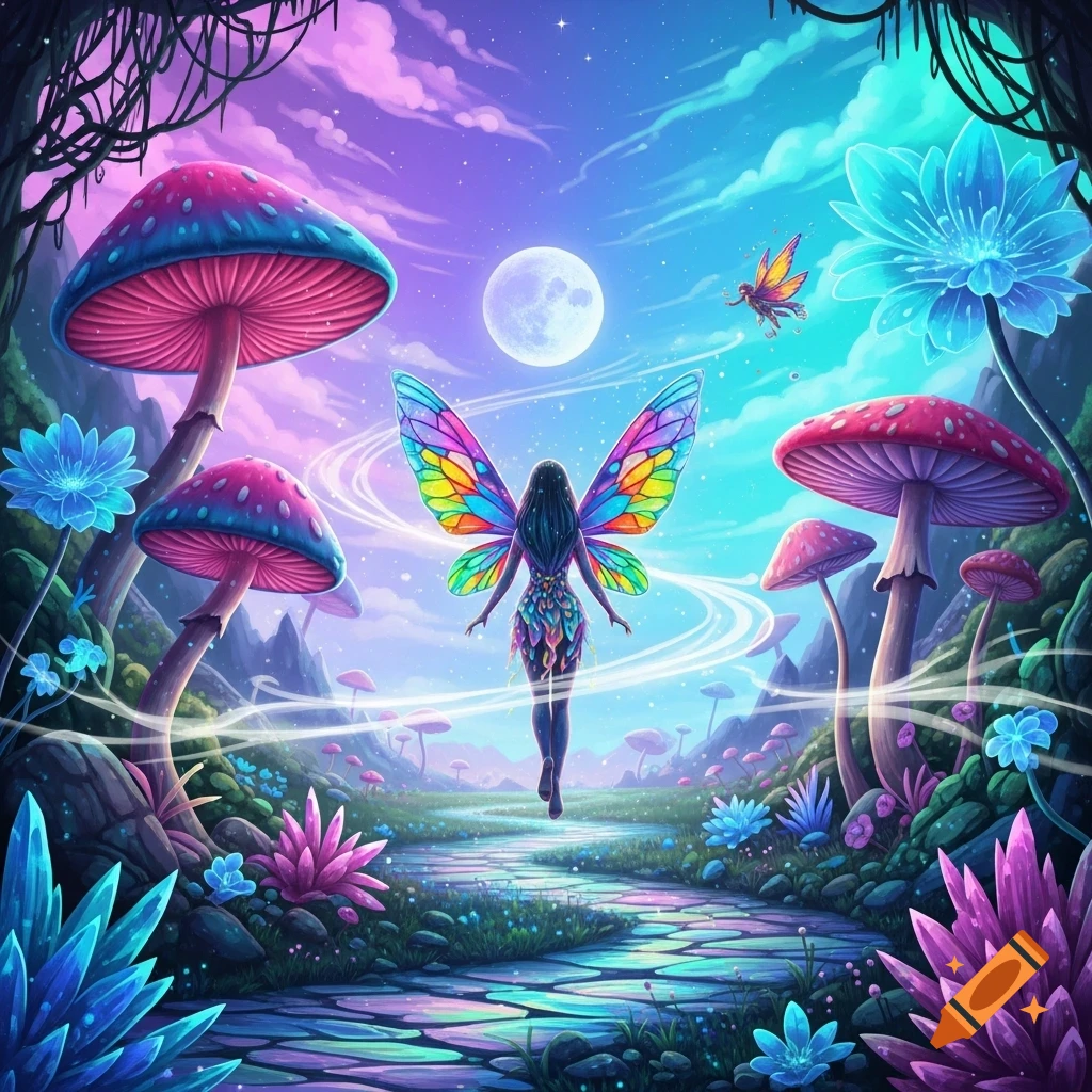 A vibrant digital art fantasy scene features a fairy with rainbow wings walking on a glowing path through a forest of giant colorful mushrooms and crystals under a full moon.