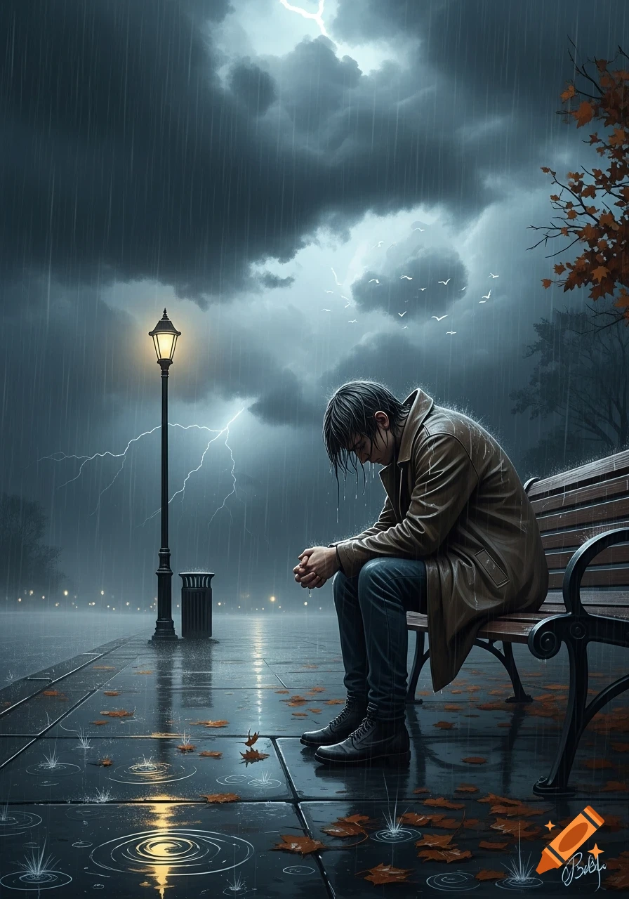 A man sits hunched on a bench in a heavy rainstorm with lightning. Digital art.