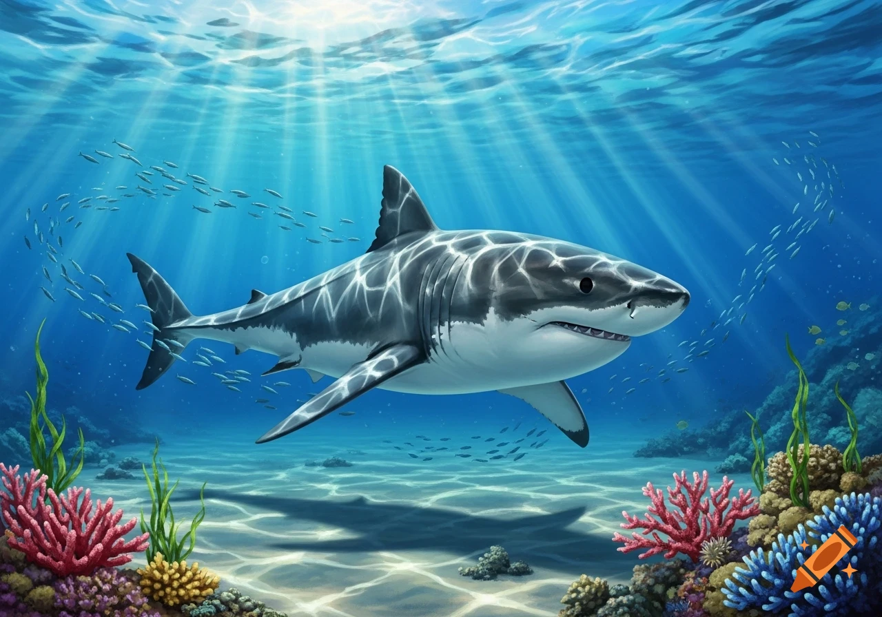 A great white shark swims in a vibrant blue ocean, with sunlight filtering through the water, surrounded by coral and small fish.