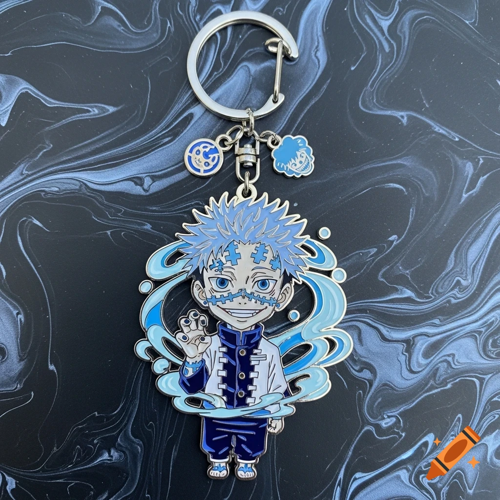 Anime character keychain of Mahito in blue and white, set against a dark, swirling background.
