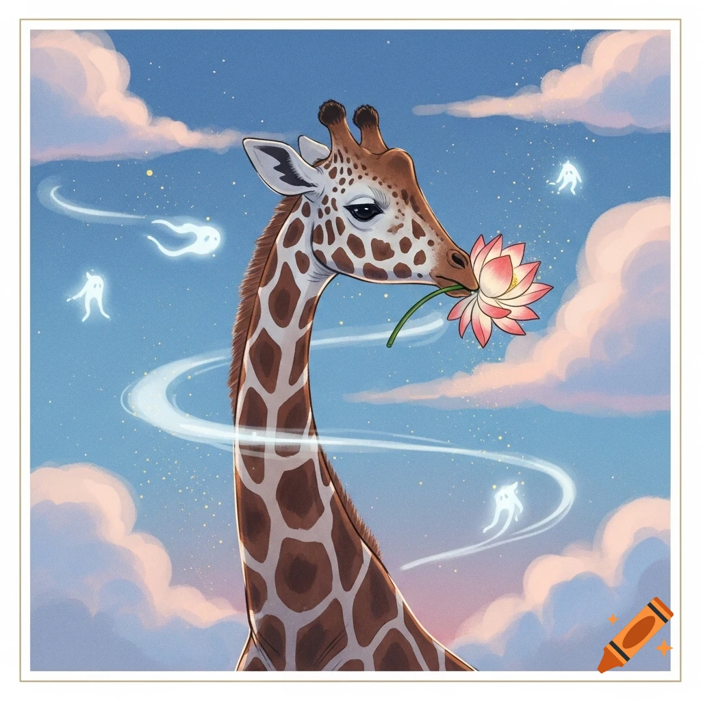 An illustrated giraffe holds a pink lotus in its mouth, against a starry blue sky with clouds and ethereal white spirits, in a Spiritfarer style.
