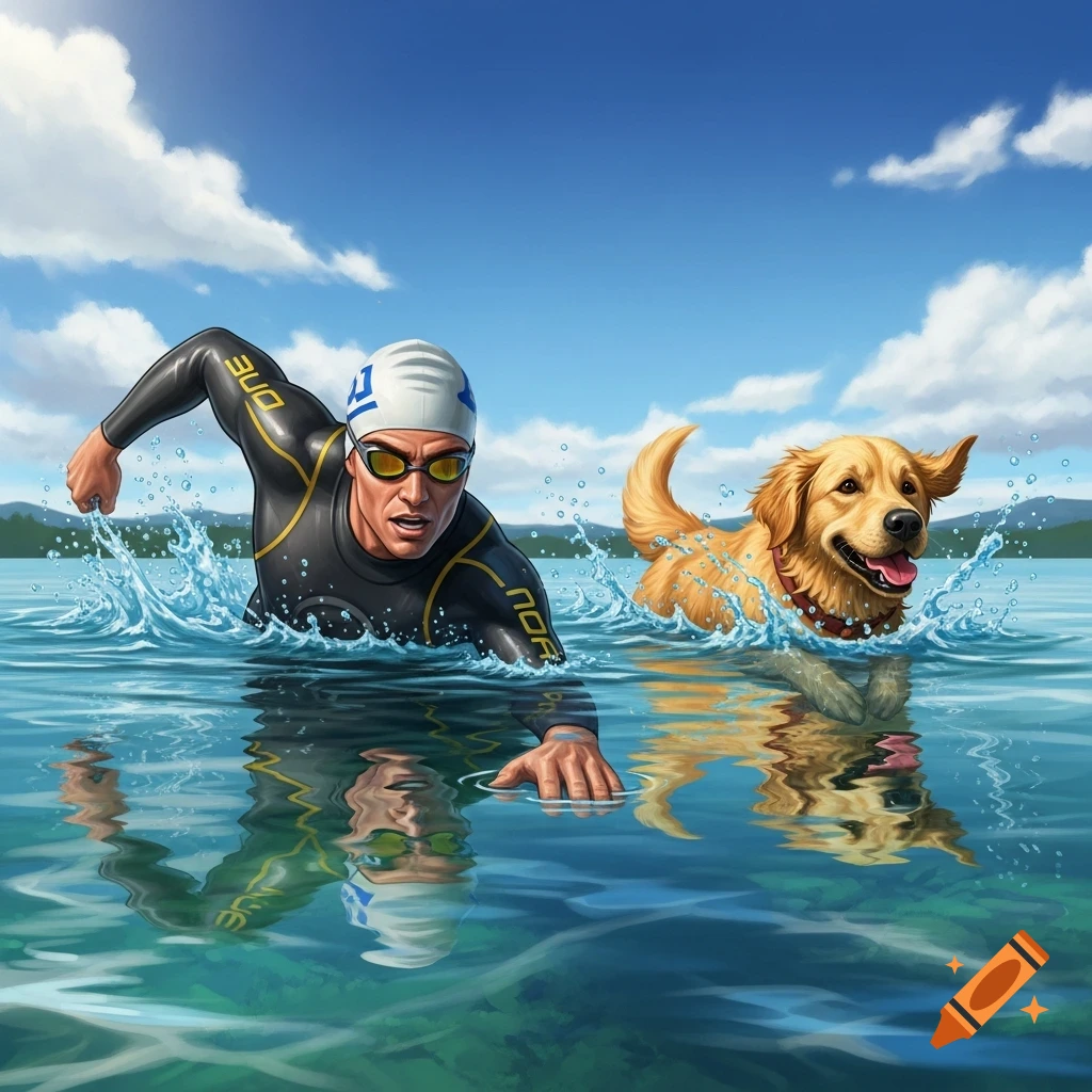 An illustration of a man in a black wetsuit swimming in open water alongside a happy golden retriever.
