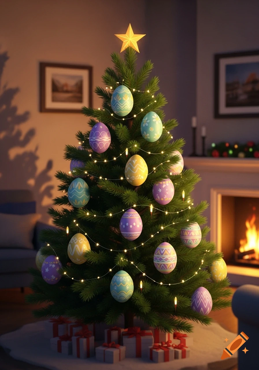 A festive Christmas tree decorated with colorful patterned Easter eggs, string lights, and a star, with gifts underneath in a cozy living room.