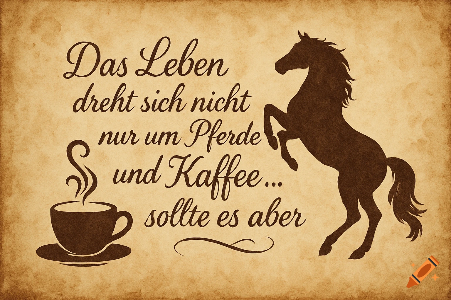 Vintage-style illustration with dark brown text on sepia parchment, featuring a rearing horse silhouette and a steaming coffee cup silhouette. The German text reads: "Das Leben dreht sich nicht nur um Pferde und Kaffee... sollte es aber"