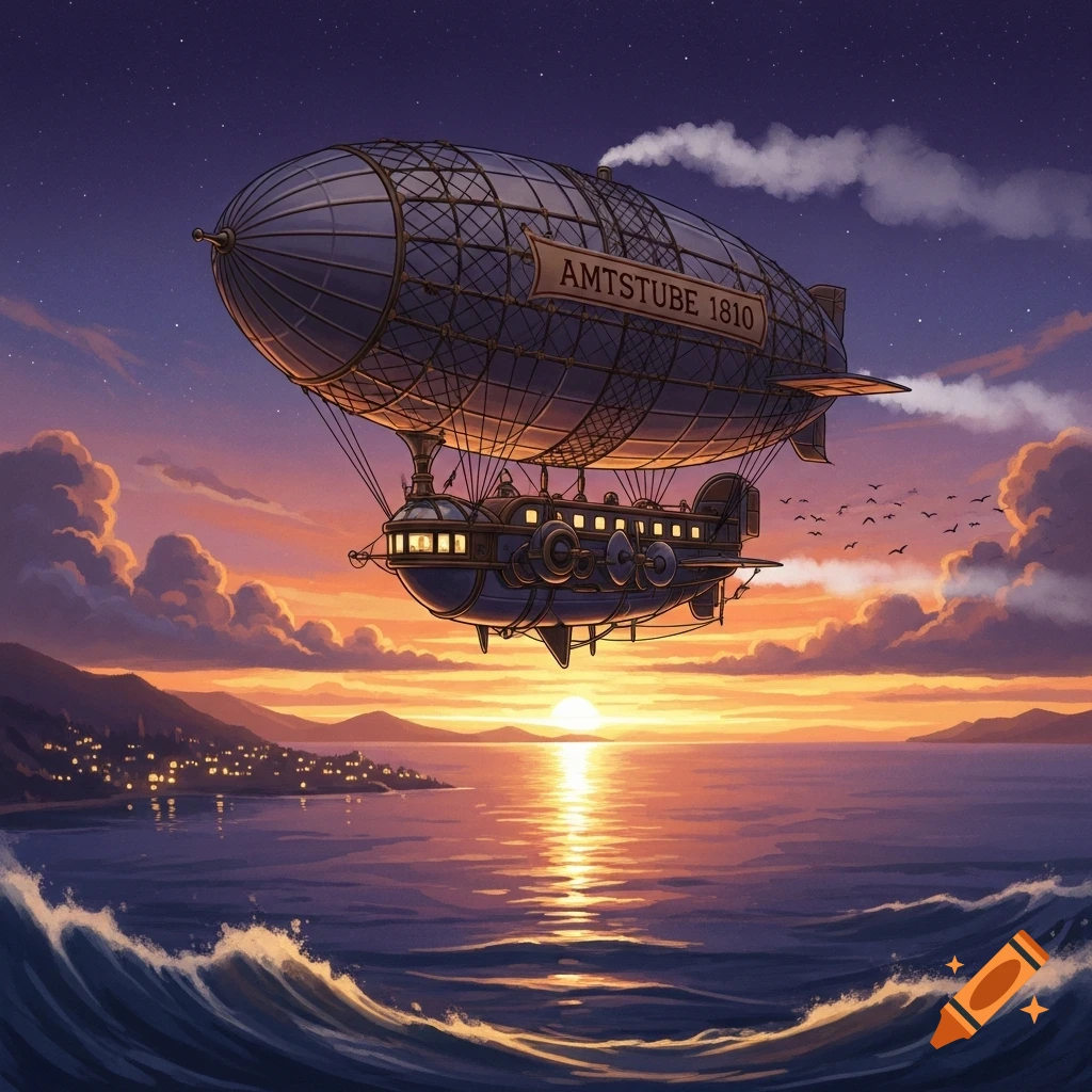 A steampunk airship with 'AMTSTUBE 1810' on its side floats over a wavy ocean as the sun sets over distant mountains and a coastal town.