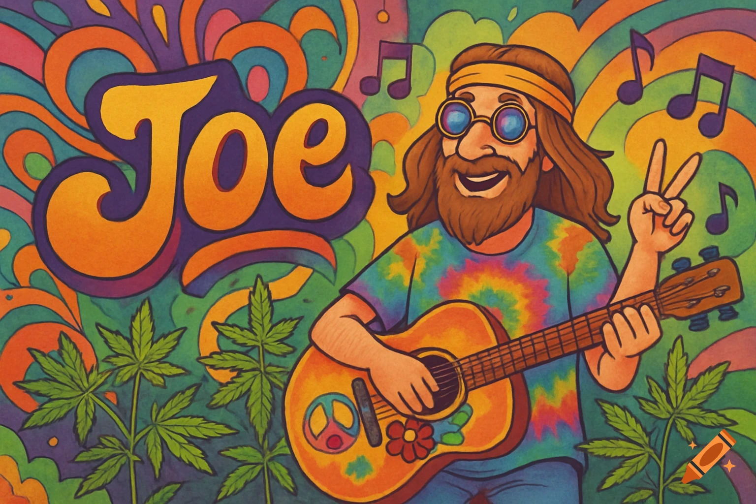 Cartoon hippy man playing guitar, making peace sign, with 'Joe' text and cannabis leaves against a psychedelic background.