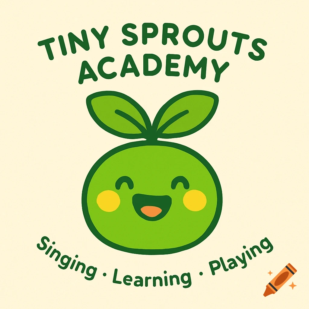 Green smiling sprout character logo with text 'Tiny Sprouts Academy' and tagline 'Singing  Learning  Playing'.