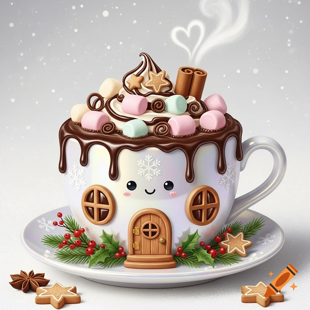 A whimsical Christmas hot chocolate cup house with a cute face, topped with chocolate, marshmallows, cinnamon, and gingerbread stars.