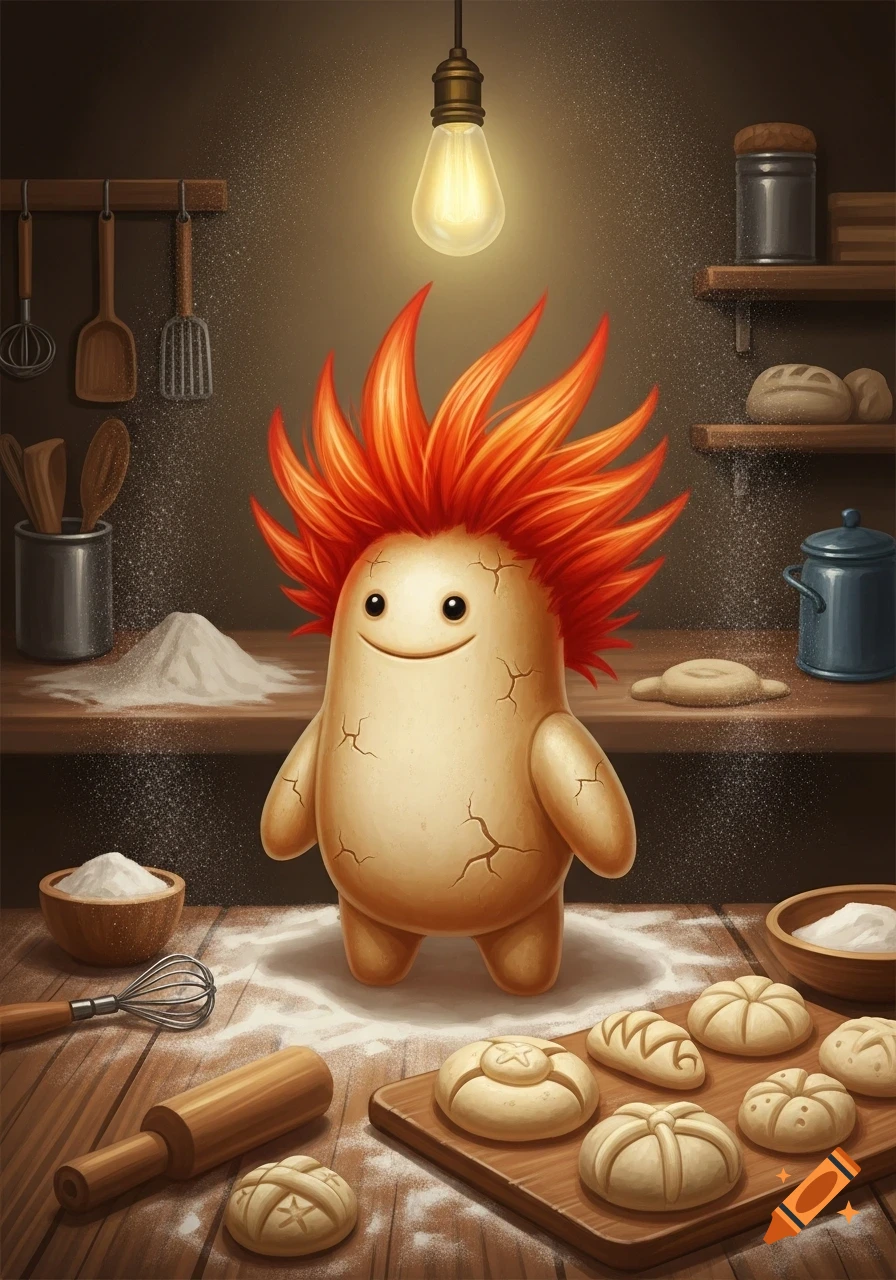 A cute, smiling dough monster with spiky orange hair stands in a flour-dusted kitchen with baking ingredients and unbaked bread.