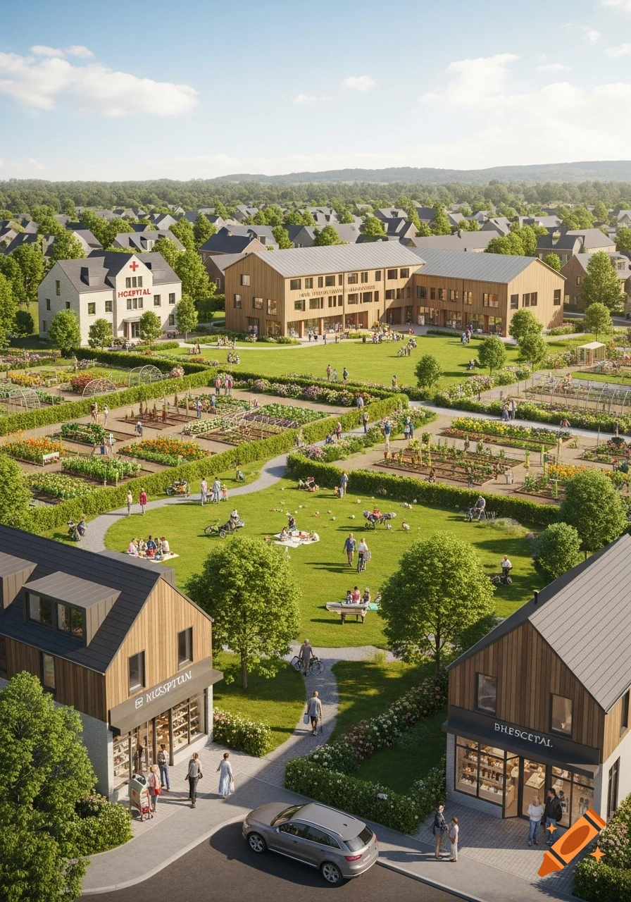 An aerial view of a planned community featuring a central green space with paths, people picnicking, and allotment gardens. Buildings include a hospital, a school, and shops. The setting is bright and sunny, surrounded by lush trees.