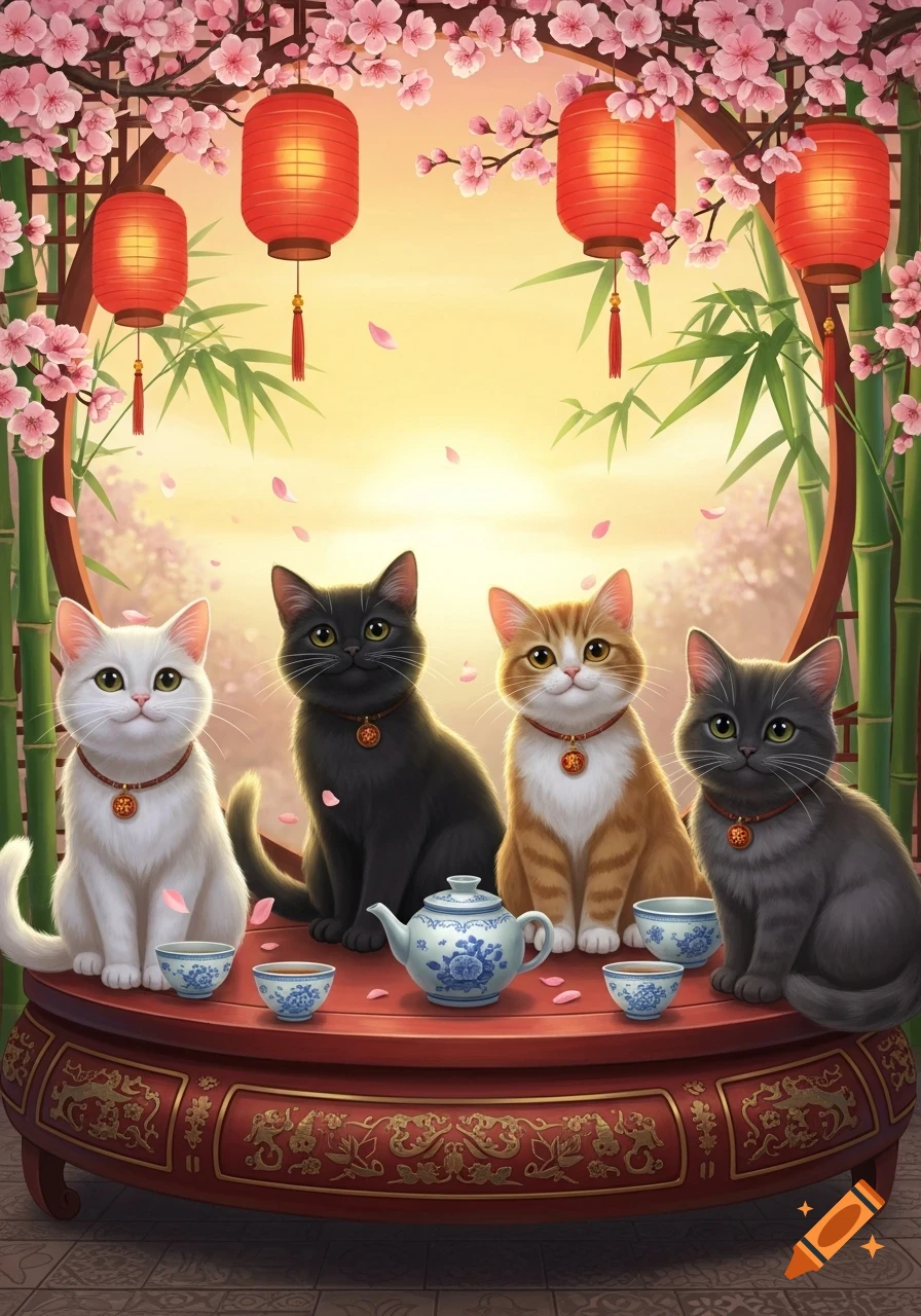 Four cute illustrated cats sit around a tea set under cherry blossoms, red lanterns, and bamboo, against a sunset background.