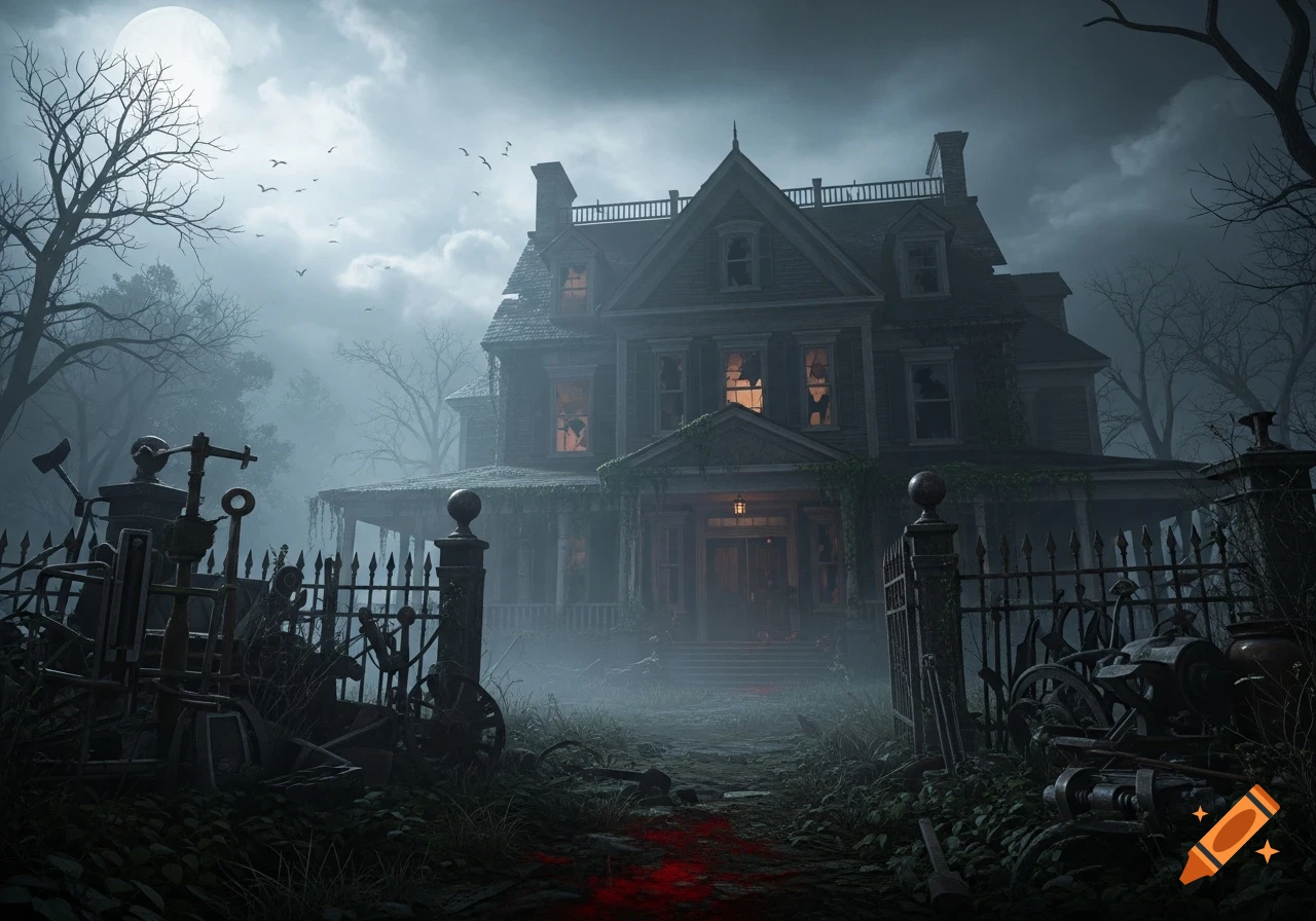A spooky, abandoned Victorian mansion under a full moon, with a mist-shrouded yard, bare trees, a metal fence, and a path stained with red.