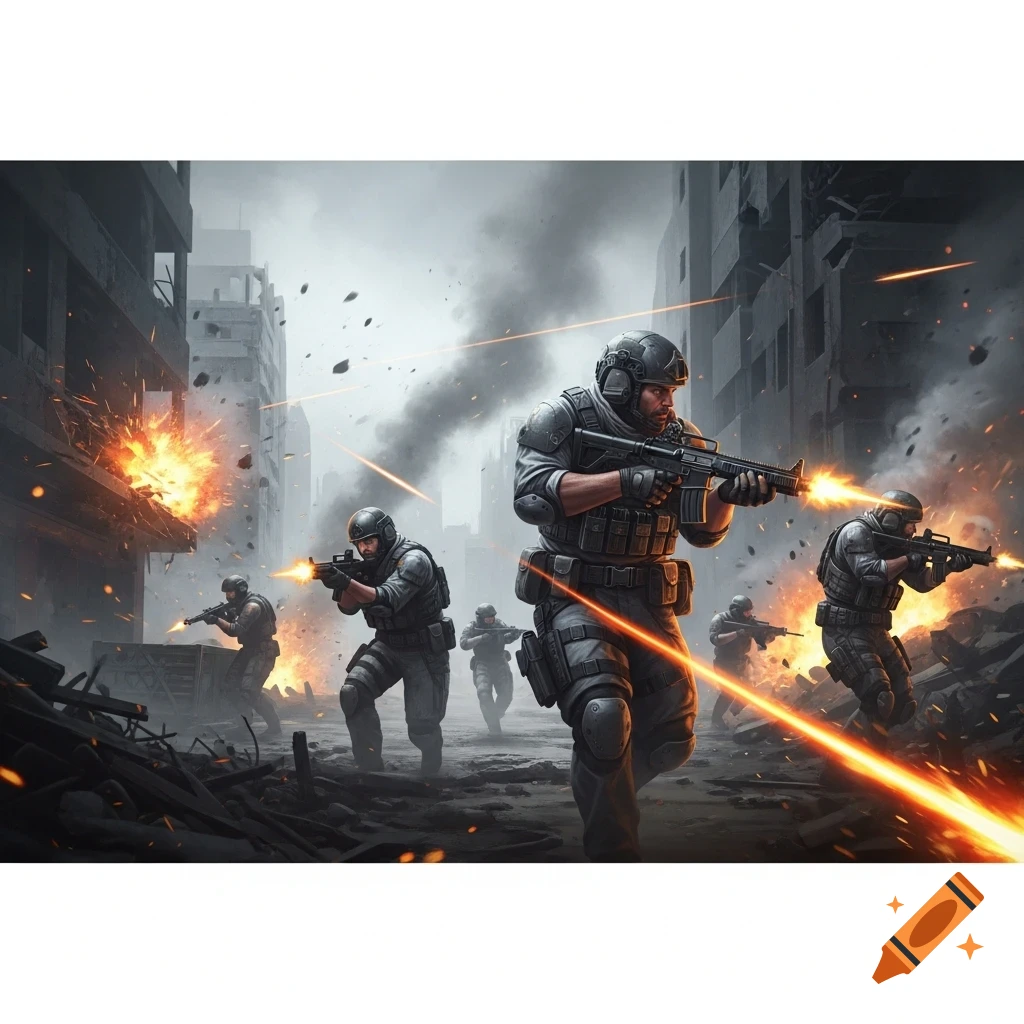 Soldiers in tactical gear engage in a chaotic urban firefight amidst explosions and smoke, in a video game art style.