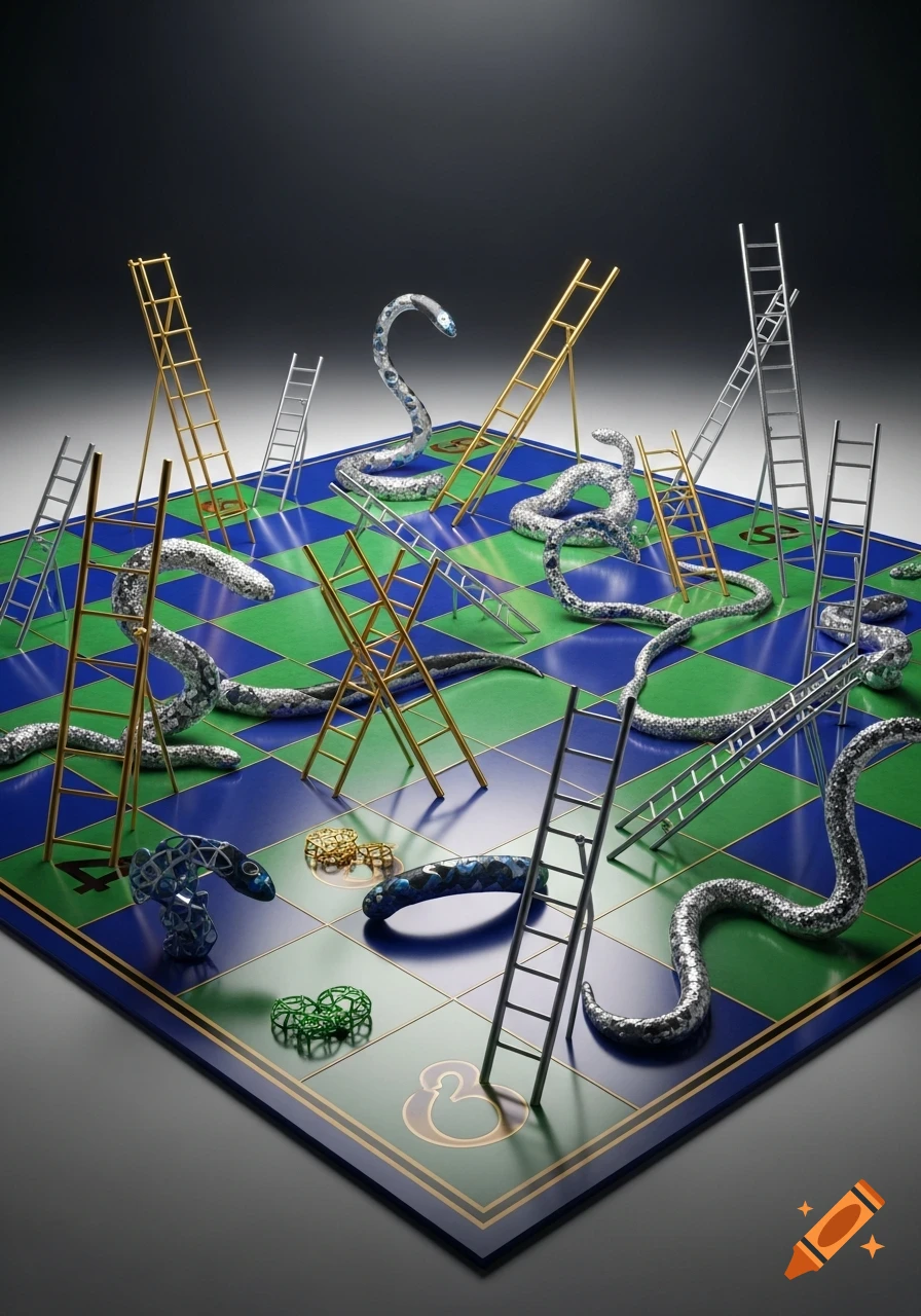 A stylized 'Snakes and Ladders' board game features a checkerboard pattern with numerous silver and blue-patterned snakes and golden and silver ladders standing upright on the squares.