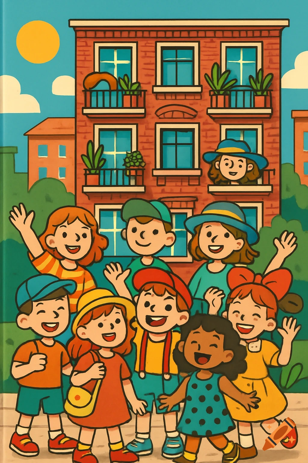A vibrant cartoon illustration of diverse, cheerful children waving and smiling in front of a tall apartment building.