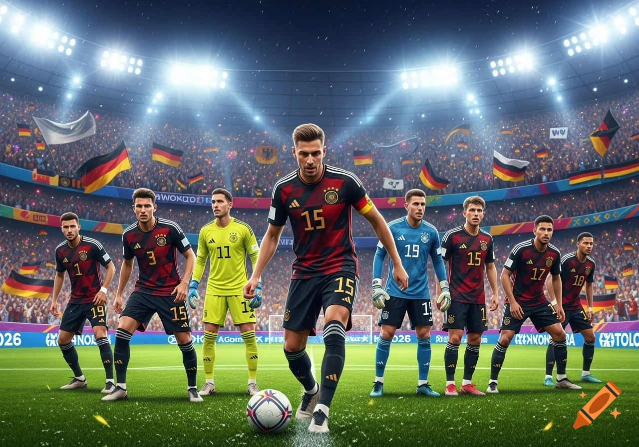 A lineup of seven male soccer players in German national team jerseys on a stadium field, with a crowd and German flags in the background.