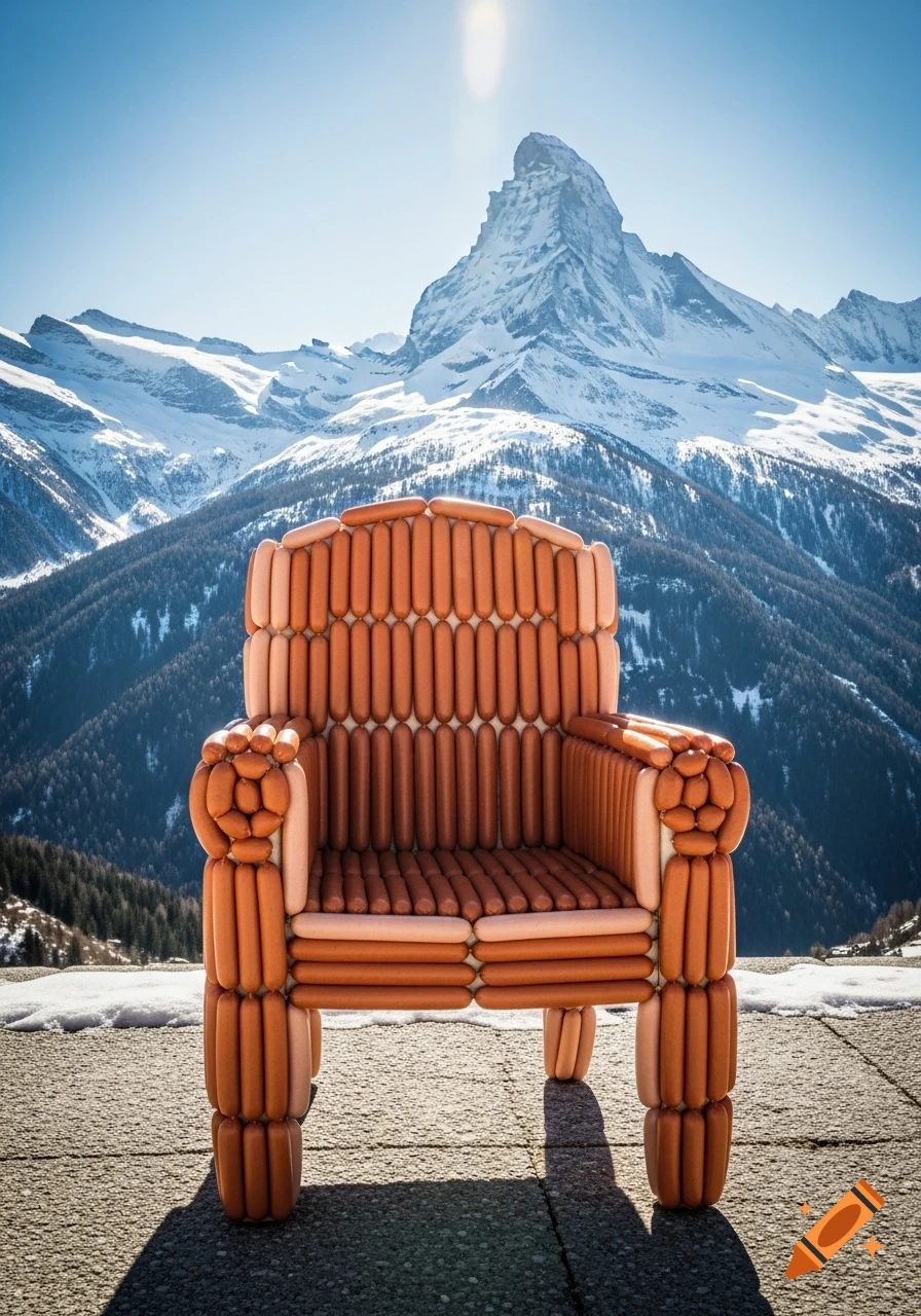 A photorealistic chair made of sausages on a snowy mountain overlook, with the Matterhorn in the background.