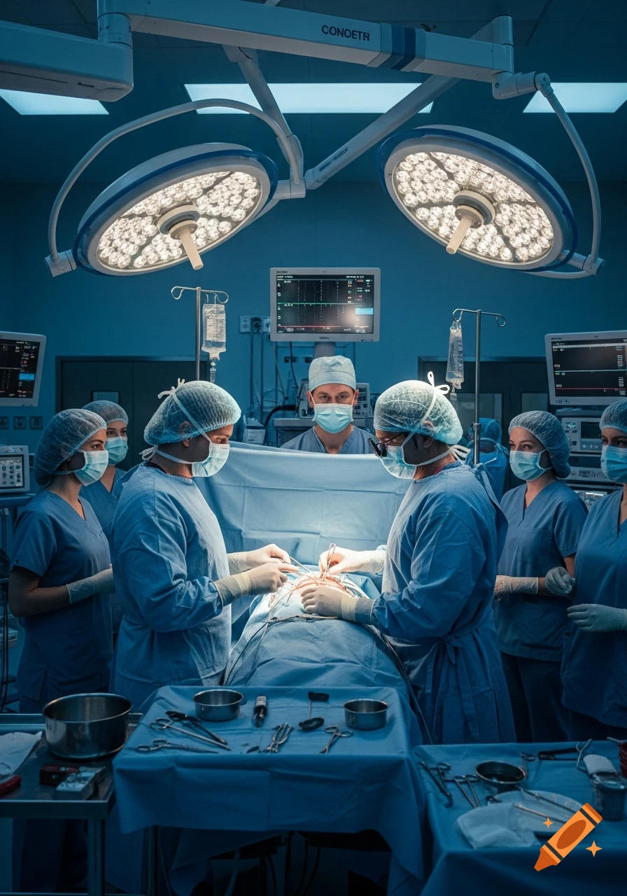 A team of surgeons and medical staff in blue scrubs and masks perform an operation on a patient under bright surgical lights in an operating room.