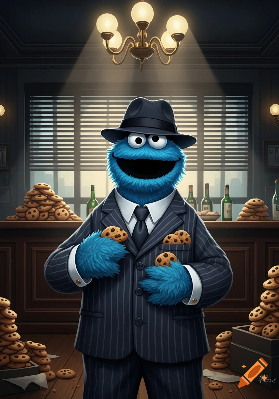 Cookie Monster, wearing a pinstripe suit and fedora, smiles while surrounded by cookies in a dimly lit, mobster-themed room.