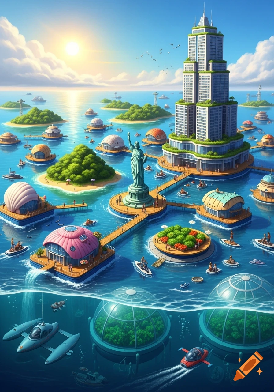 Vibrant illustration of a futuristic ocean city with a central skyscraper, Statue of Liberty, shell-shaped buildings, floating islands, and underwater domes.