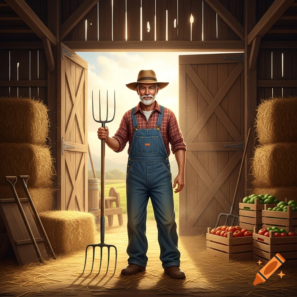 A smiling elderly farmer in overalls holds a pitchfork in a sunlit barn, surrounded by hay bales and crates of produce, with a field visible outside.