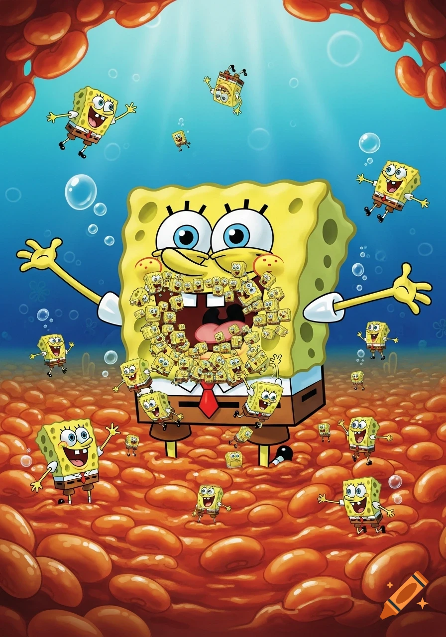 A giant Spongebob Squarepants character has a mouth full of tiny Spongebobs, surrounded by a sea of baked beans, with more Spongebobs floating in the blue water above, in a cartoon style.