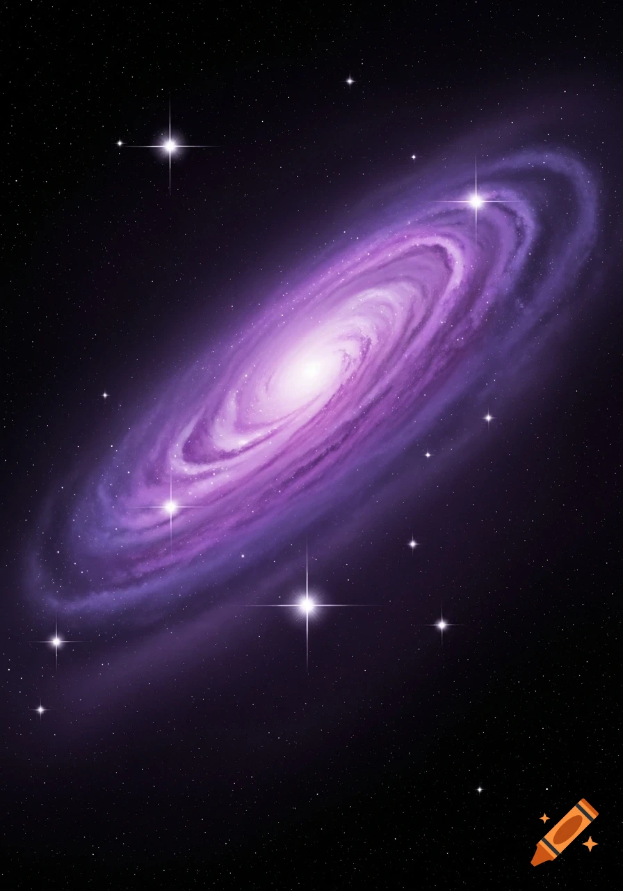 A vibrant purple spiral galaxy and bright stars against a dark, star-filled cosmic background.