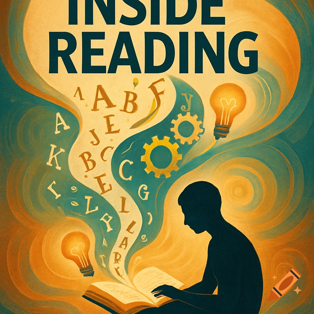 Artistic illustration of a person reading a book, with letters, lightbulbs, and gears flowing upwards. Title: INSIDE READING.