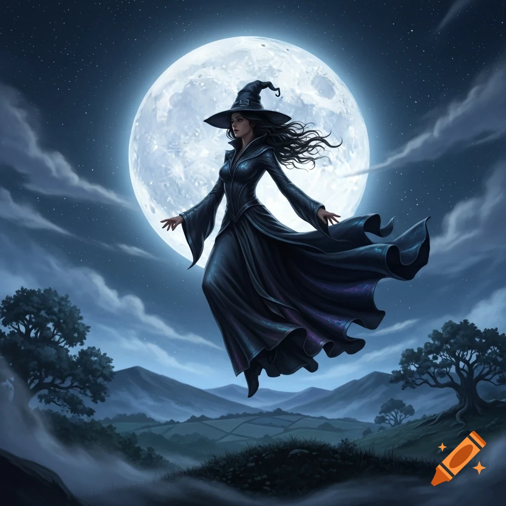 A dark-robed witch with a pointed hat floats gracefully in front of a large full moon, above a misty, moonlit landscape.