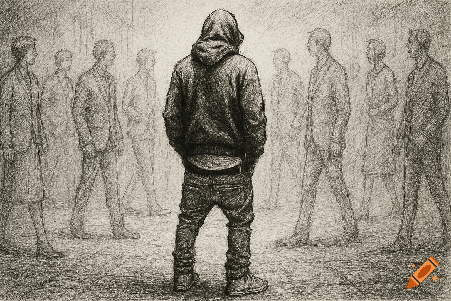 Pencil sketch of a man in a dark hoodie, back to viewer, surrounded by lighter, faded figures in a crowd, symbolizing isolation.