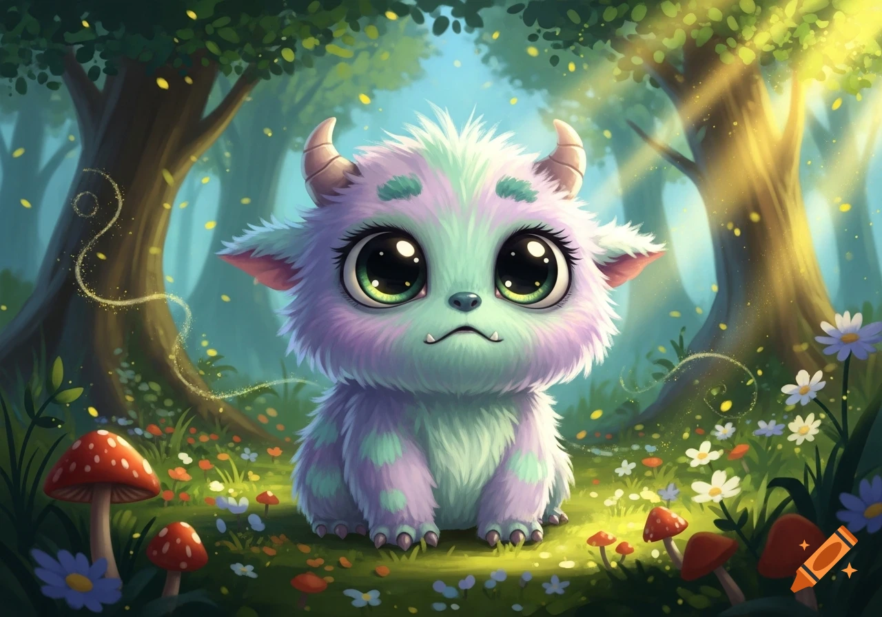 A cute, fluffy, purple and mint green baby monster with large green eyes and small horns sits in an enchanted forest with flowers and mushrooms.