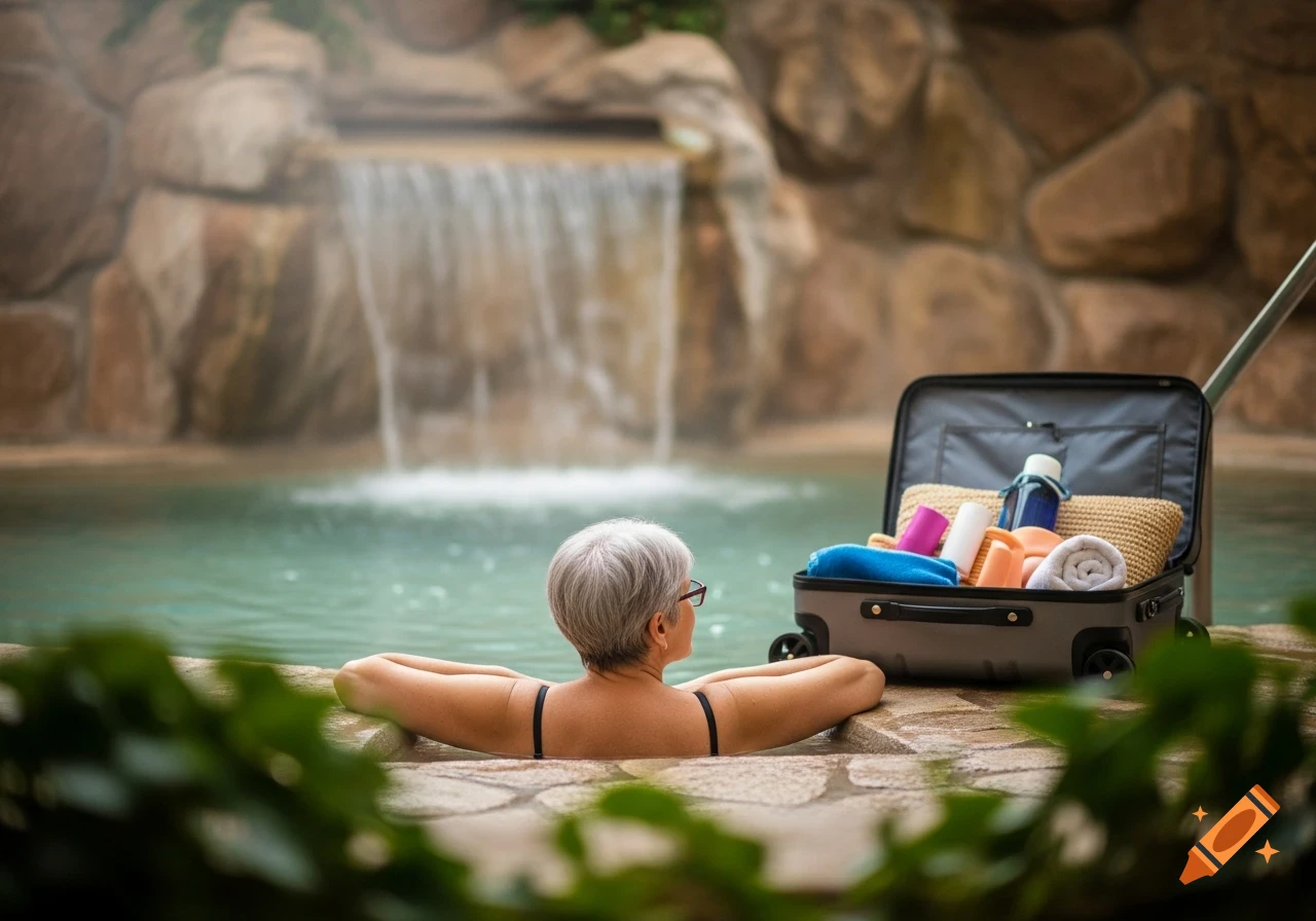 Elderly woman relaxing in a thermal bath with a waterfall, a packed suitcase beside her, seen from behind. Photorealistic.