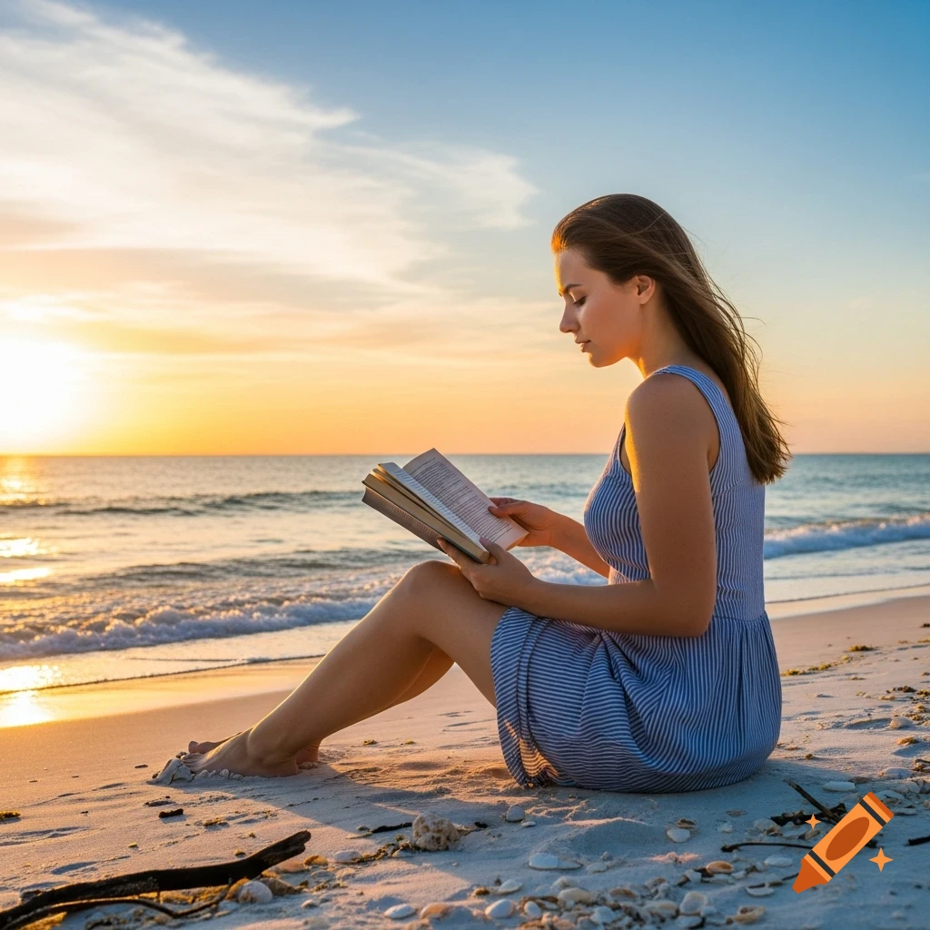 A woman in a blue dress reads a book on a sandy beach during sunset, with waves in the background.