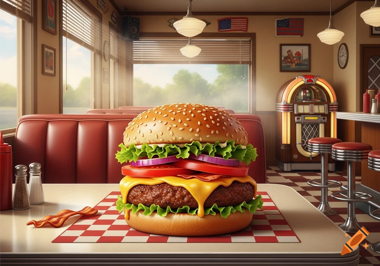 A photorealistic burger with lettuce, onion, tomato, cheese, and bacon on a checkered mat in a vintage diner setting with red booths and a jukebox.