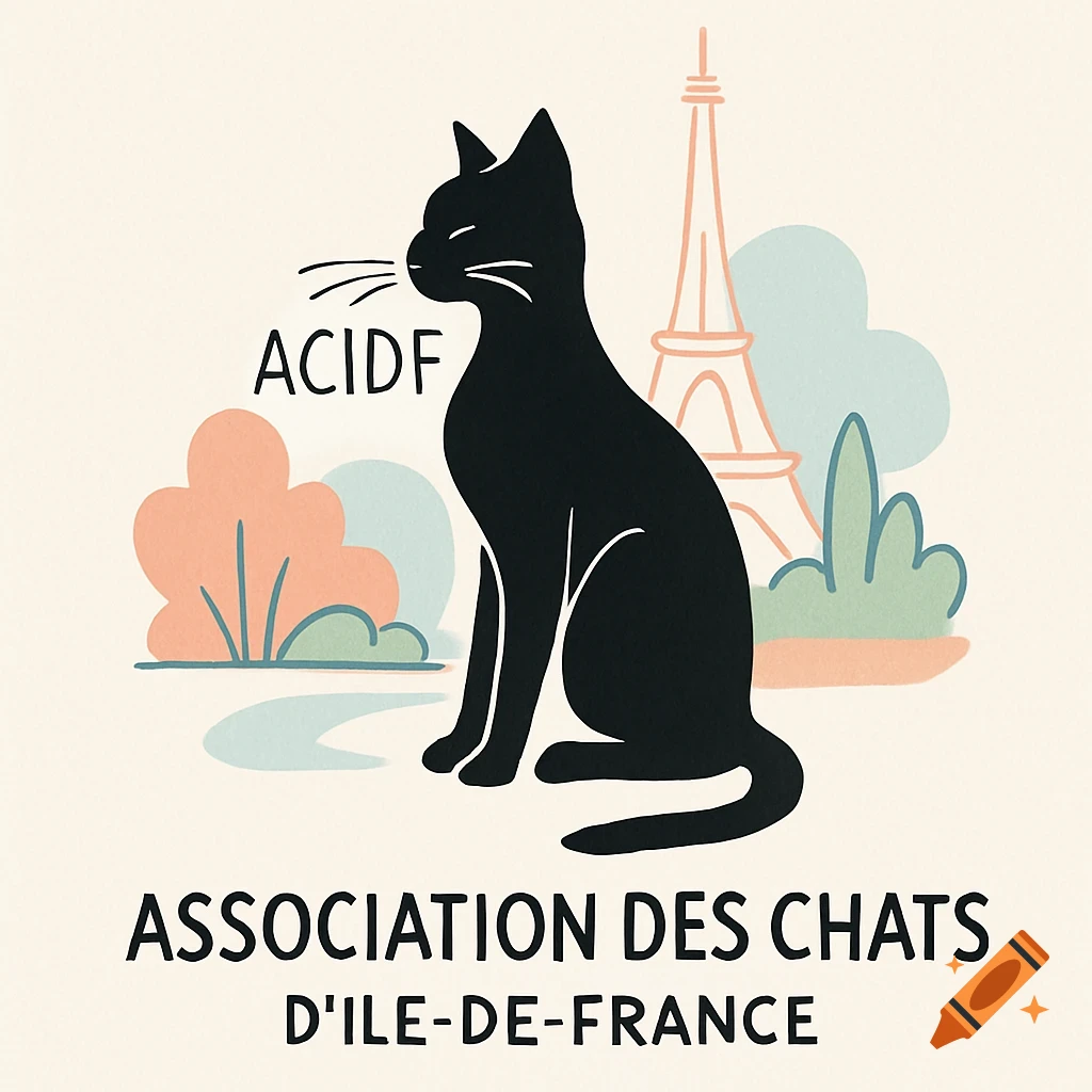 Stylized logo featuring a black cat silhouette sitting, with the Eiffel Tower and bushes in the background. Text reads 'ACIDF' and 'ASSOCIATION DES CHATS D'ILE-DE-FRANCE'.