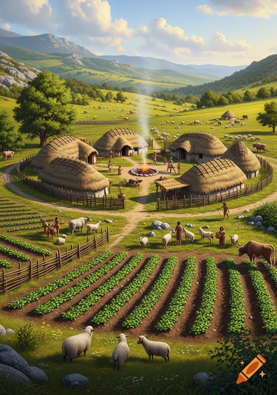 Illustrated Neolithic village with thatched huts, people, livestock, and cultivated fields in a green valley under a blue sky.