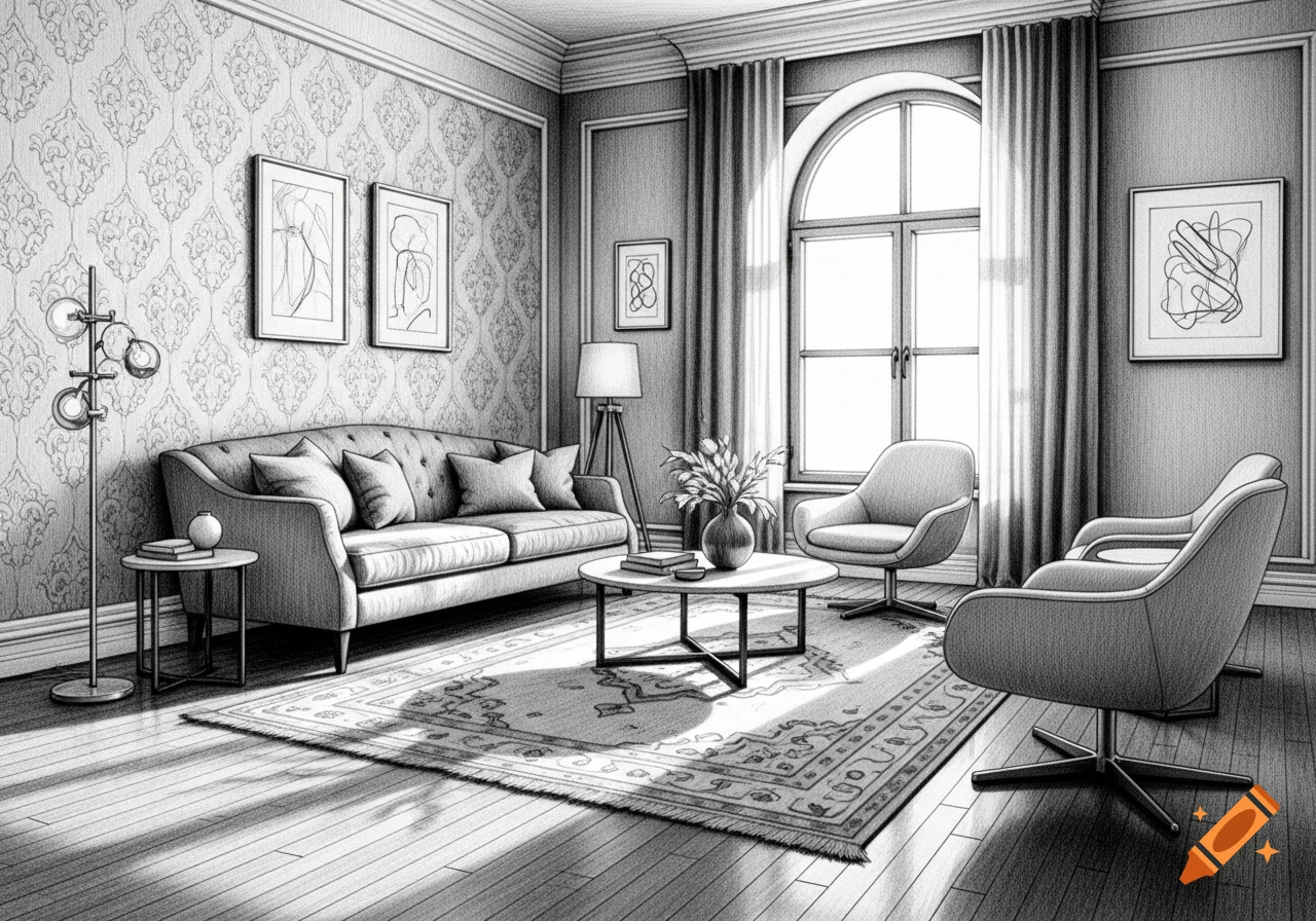 A black and white pencil drawing of a stylish living room with a sofa, armchairs, coffee table, and large arched window.